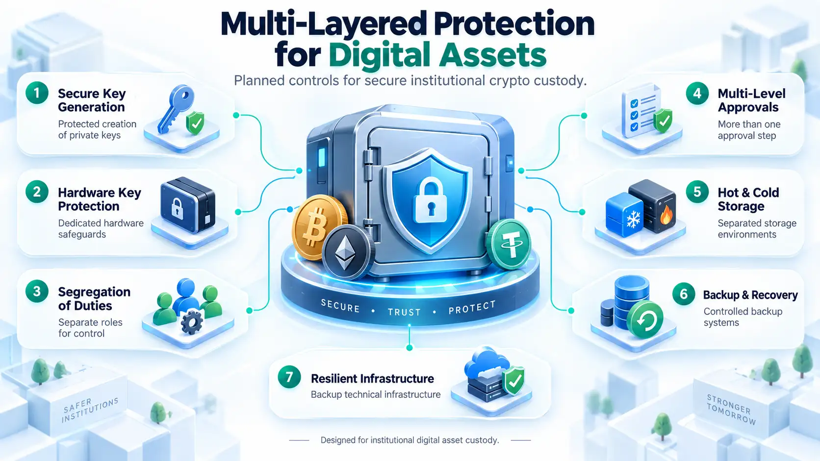 Infographic showing Deutsche Bank’s planned multi-layered security controls for institutional crypto custody, including key protection, approvals, hot and cold storage, and backup recovery.