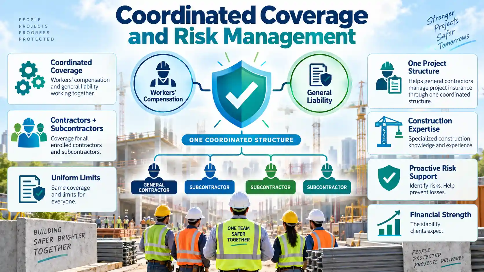 Infographic showing Crum & Forster’s coordinated construction insurance structure combining workers’ compensation, general liability, uniform coverage and proactive risk support for contractors and subcontractors.