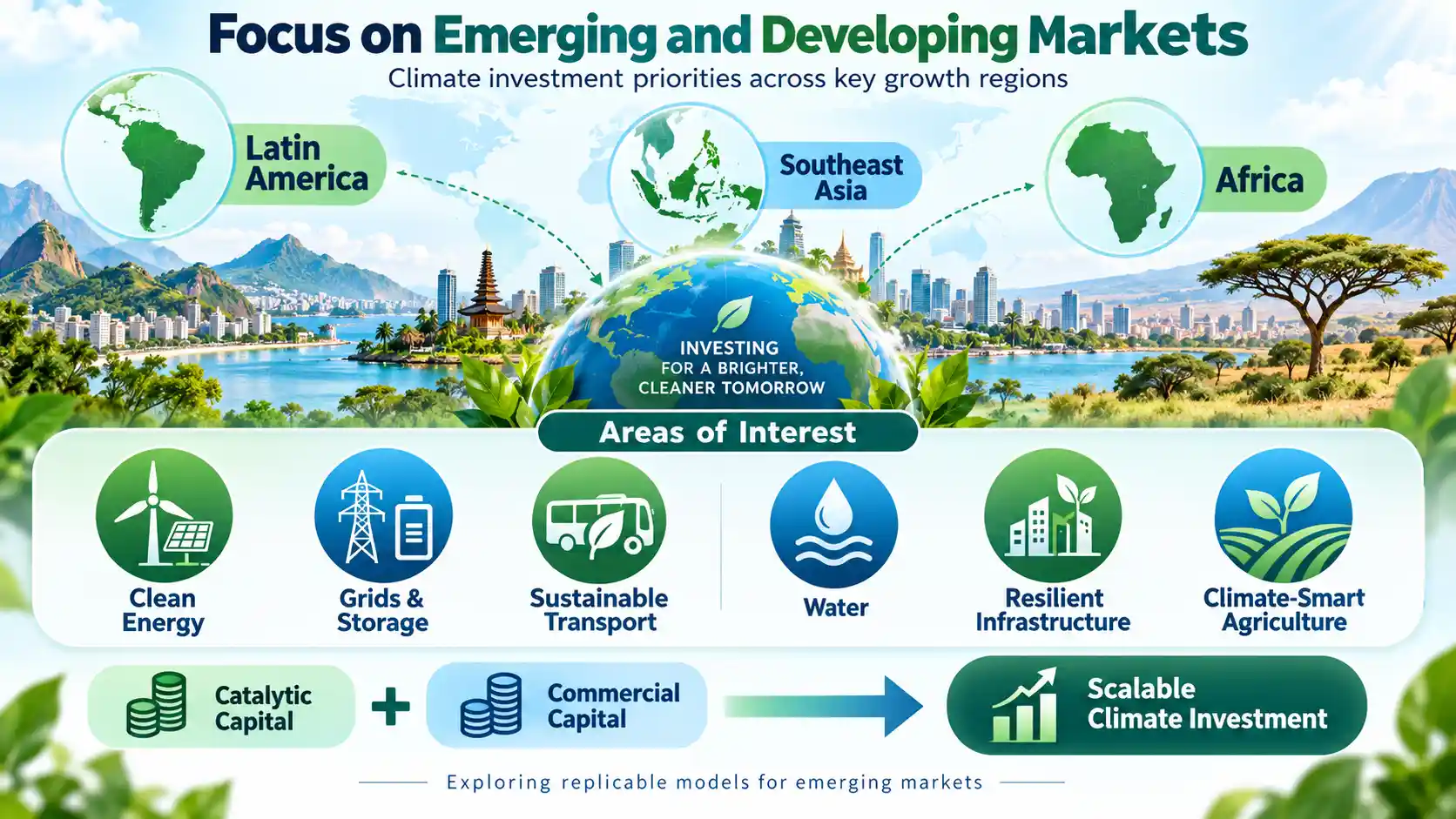 Infographic showing ALTÉRRA and FinDev Canada targeting climate investment across Latin America, Southeast Asia and Africa in clean energy, transport, water, infrastructure and climate-smart agriculture