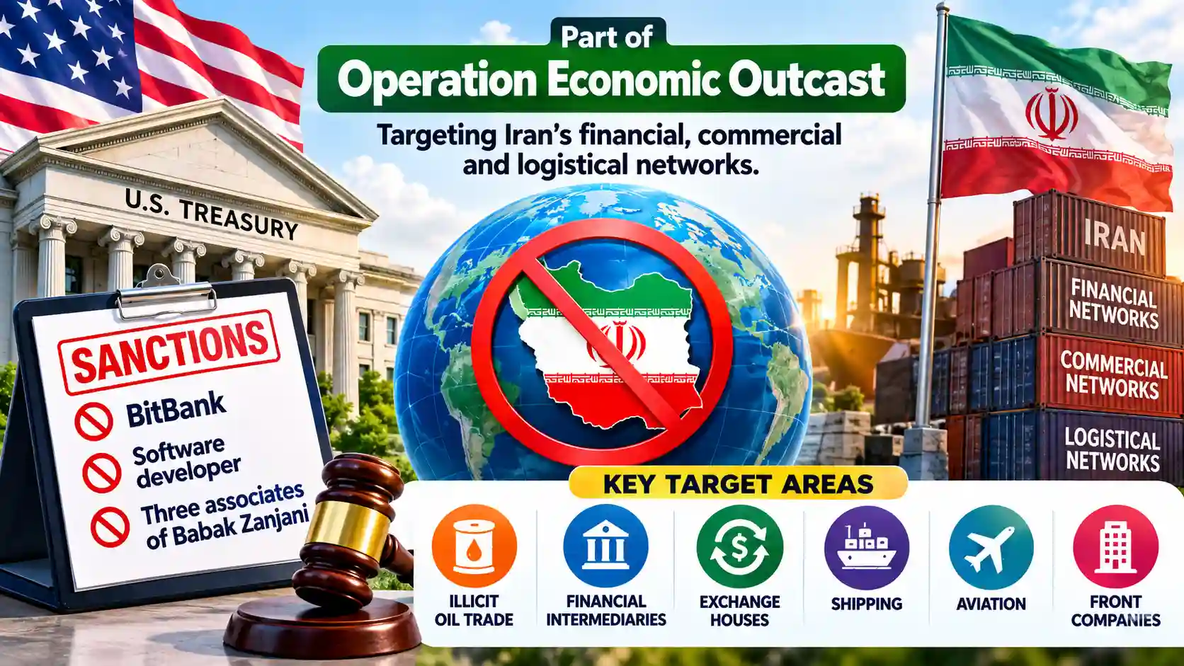 Infographic showing U.S. Treasury sanctions targeting BitBank and related Iranian financial, commercial and logistical networks under Operation Economic Outcast. 