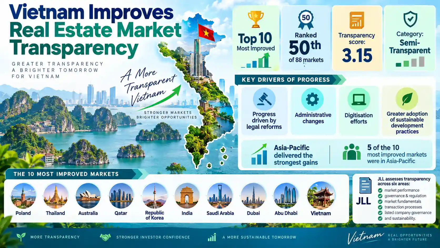 Infographic showing Vietnam among the world’s 10 most improved real estate markets for transparency, ranking 50th of 88 markets with a score of 3.15. 