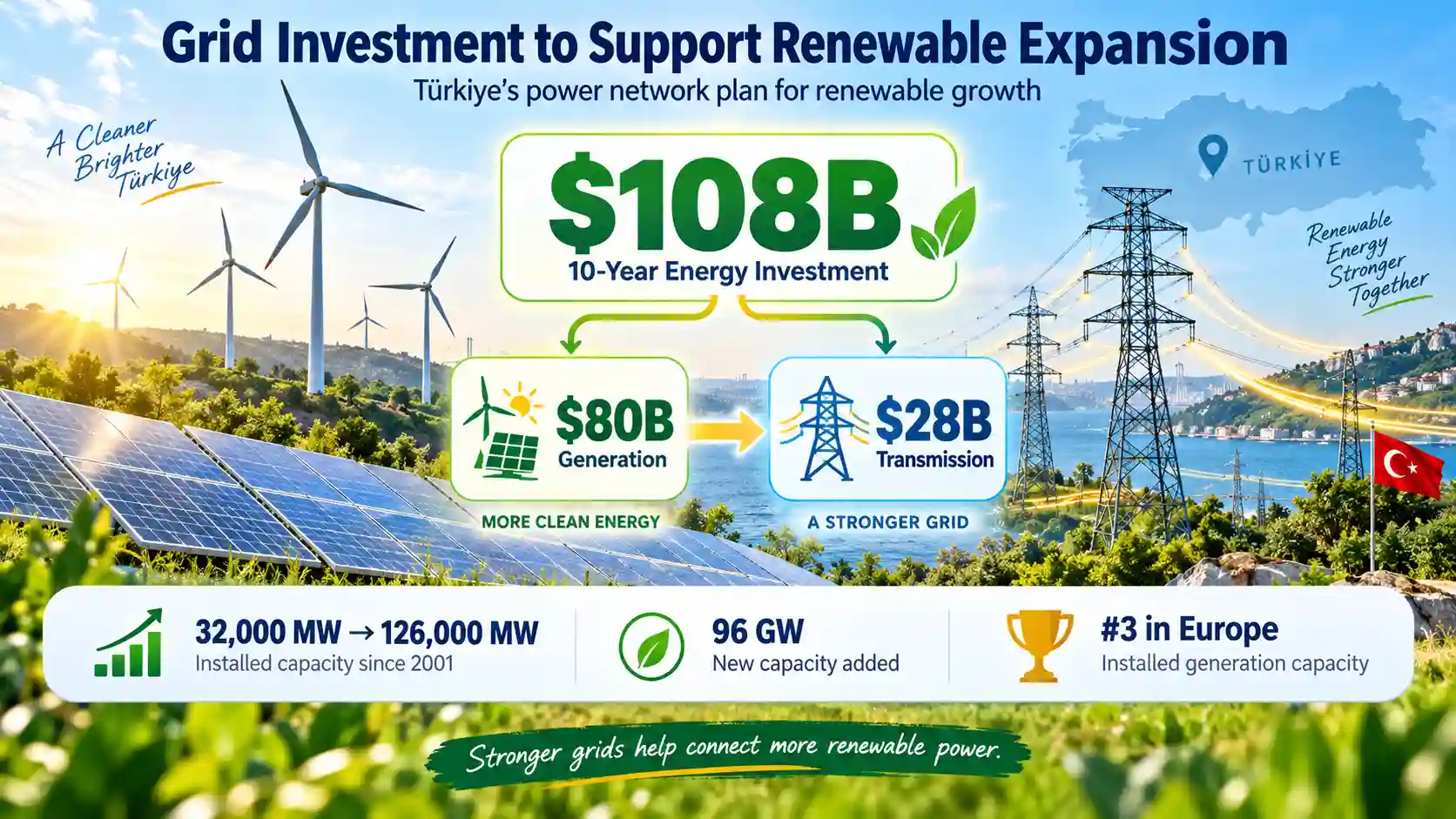 Infographic showing Türkiye’s $108 billion energy investment plan, including $80 billion for renewable generation and $28 billion for transmission infrastructure.