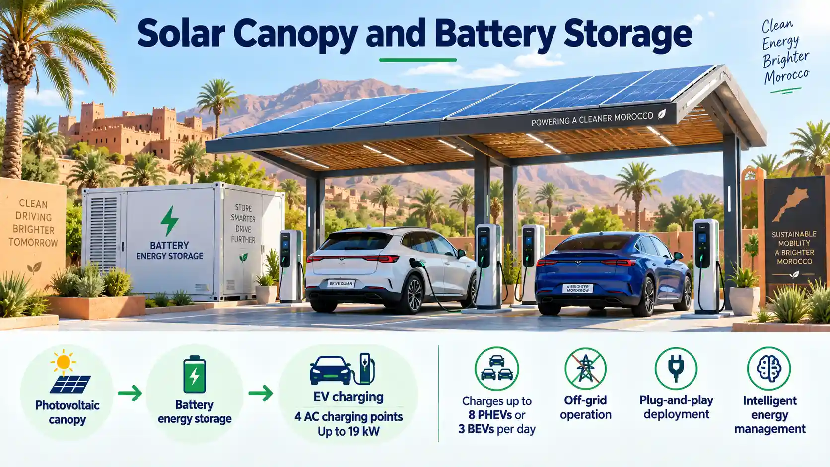 Infographic showing Stellantis’ off-grid solar EV charging station in Morocco using a photovoltaic canopy, battery storage and four AC charging points.