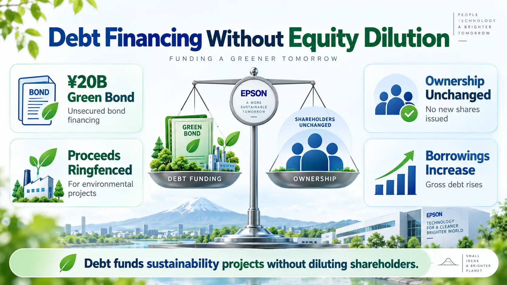 Infographic showing Seiko Epson using a ¥20 billion green bond to fund environmental projects without issuing new shares, while increasing gross borrowings and keeping ownership unchanged.