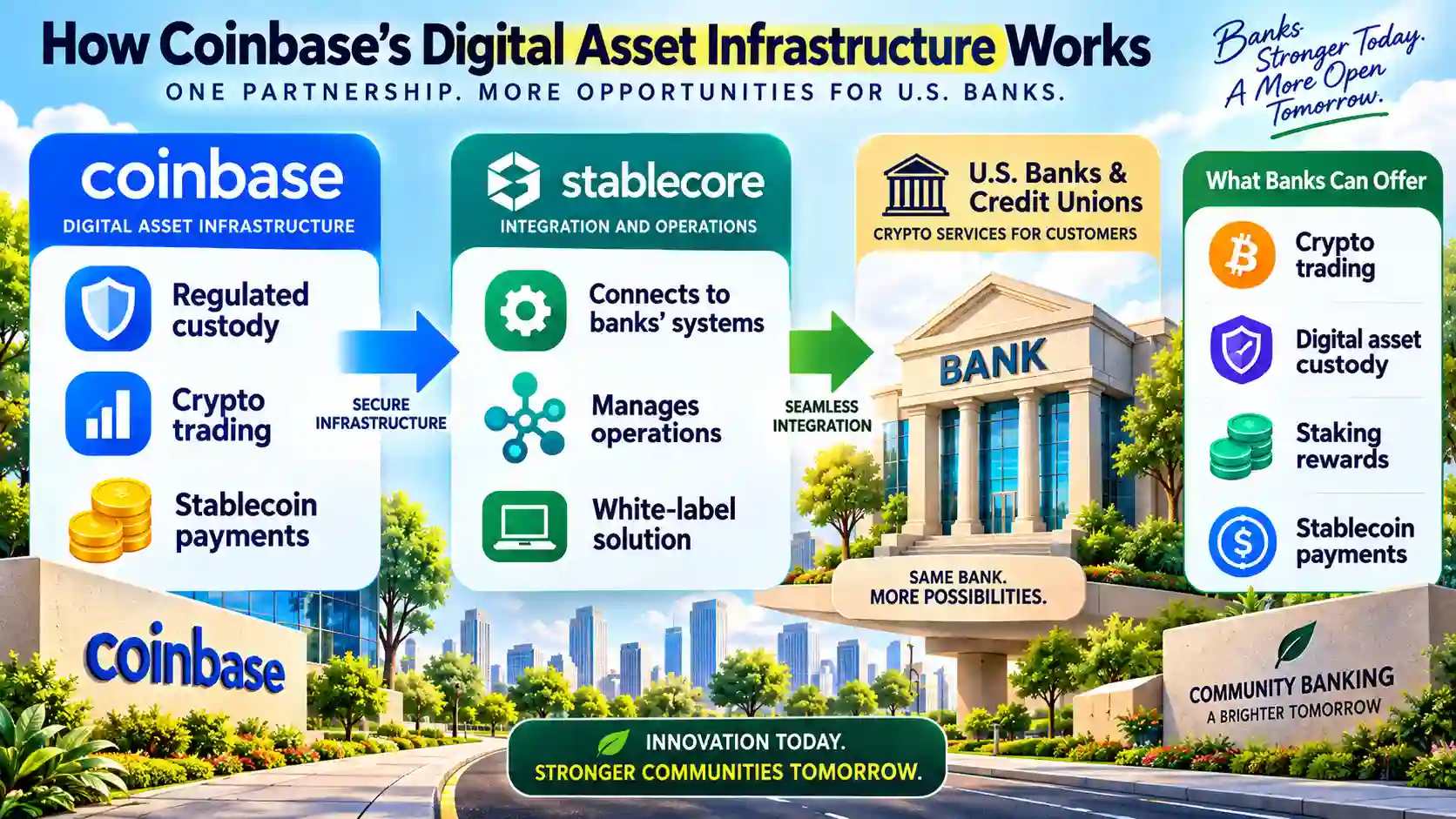 Infographic showing Coinbase and Stablecore enabling U.S. banks and credit unions to offer crypto trading, custody, staking rewards and stablecoin payments through existing banking systems. 