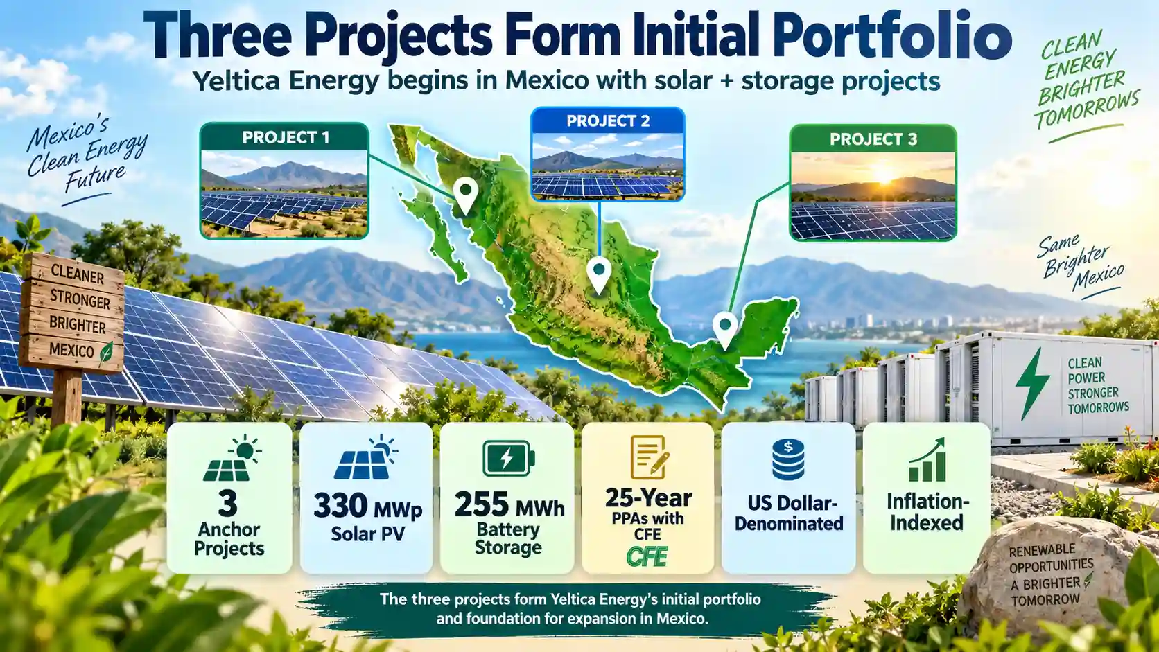 Infographic showing Yeltica Energy’s initial Mexico portfolio of three solar-plus-storage projects totaling 330MWp of solar PV and 255MWh of battery storage.
