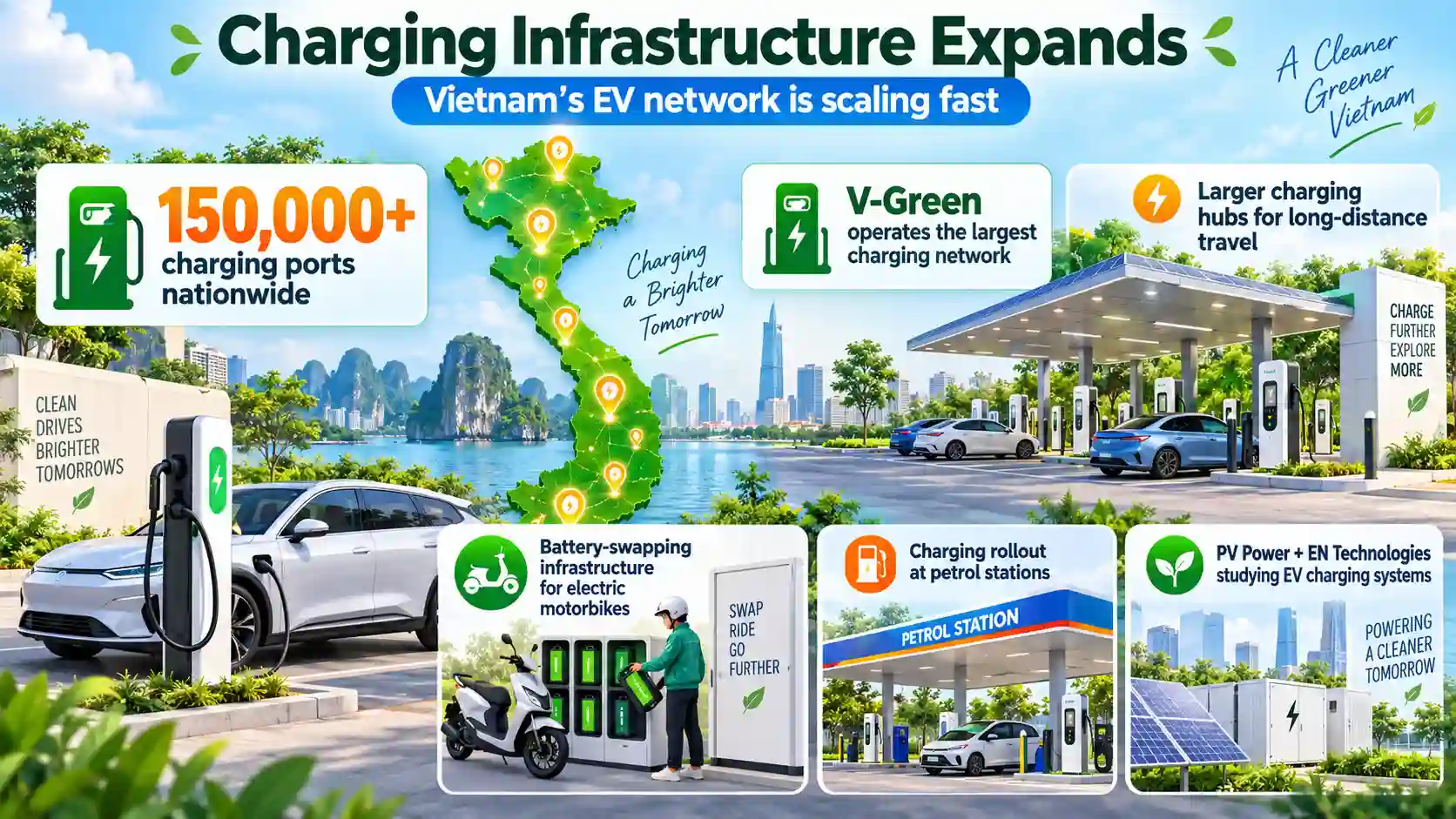 Infographic showing Vietnam’s expanding EV charging network, highlighting more than 150,000 V-Green charging ports and the country’s fast-growing electric mobility infrastructure.