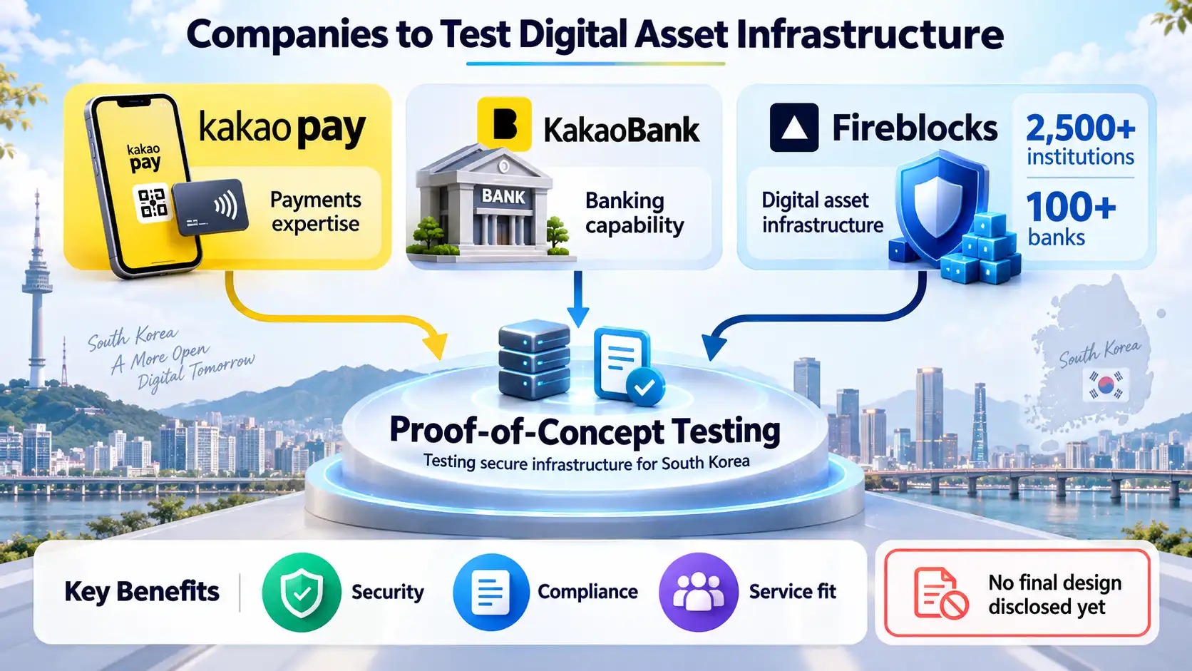 Infographic showing Kakao Pay, KakaoBank and Fireblocks testing digital asset infrastructure in South Korea, including stablecoin exploration and proof-of-concept security testing. 