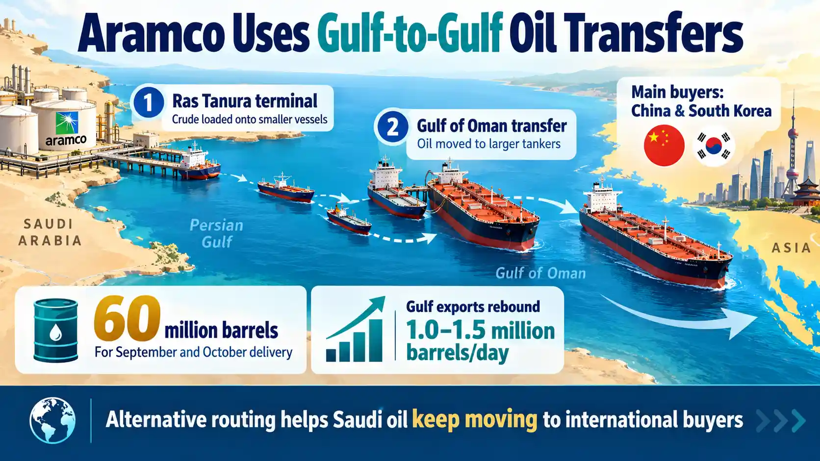 Infographic showing Saudi Arabia’s Gulf-to-Gulf oil transfer route, with crude moved from Ras Tanura by smaller vessels to larger tankers in the Gulf of Oman as Hormuz traffic declines.