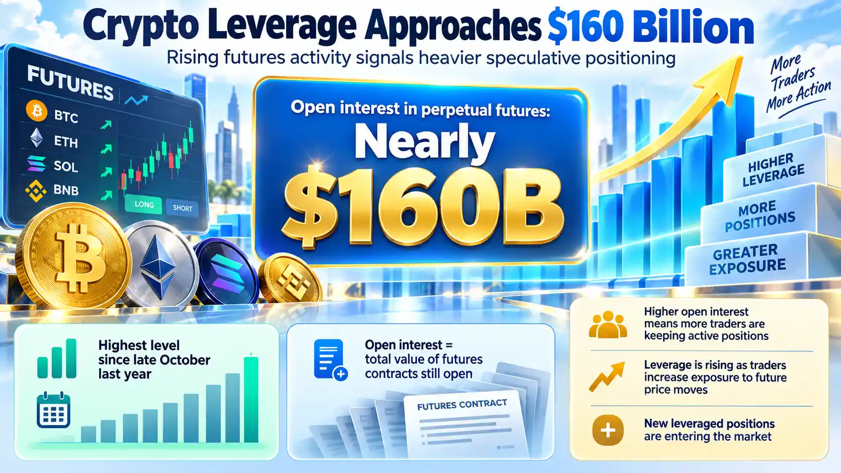  Infographic showing crypto futures leverage nearing $160 billion, with rising open interest, active positions, and growing trader exposure across major cryptocurrencies.