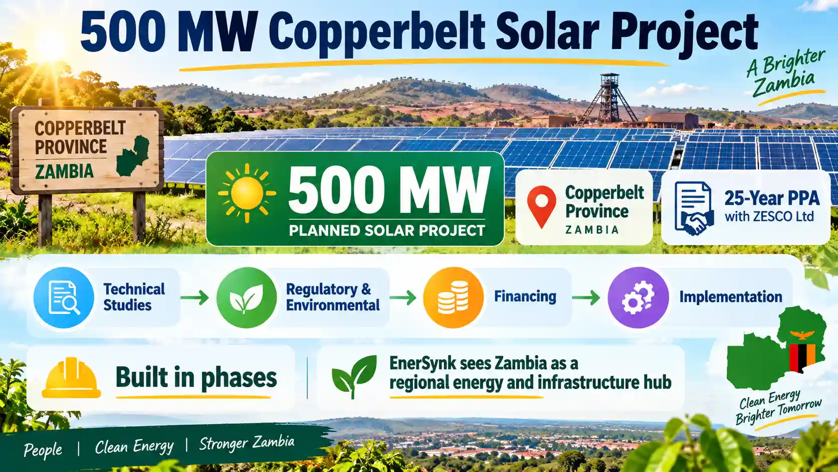 Infographic showing EnerSynk’s planned 500 MW Copperbelt solar project in Zambia, backed by a 25-year PPA with ZESCO and developed through phased studies, financing and implementation.