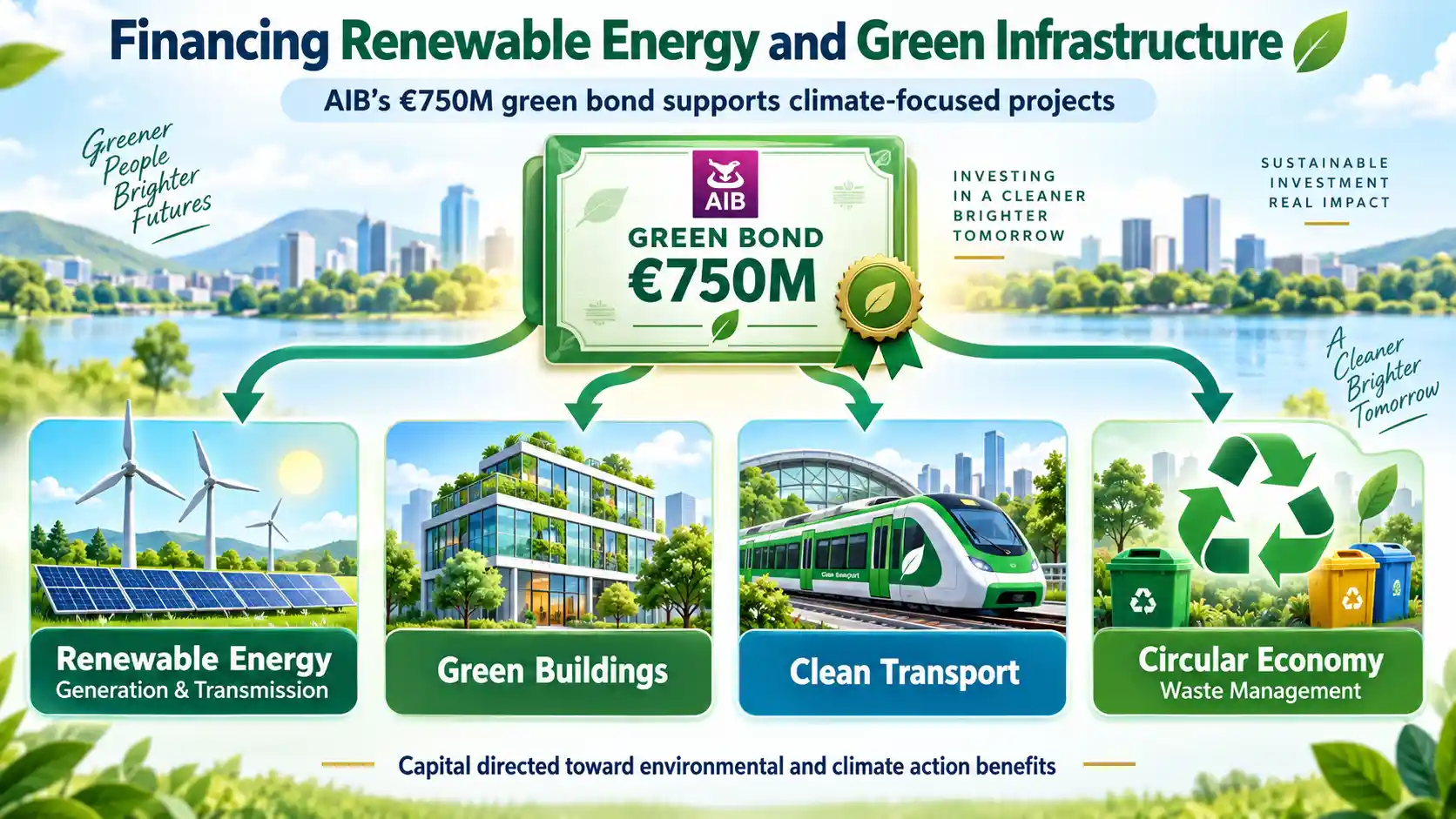 Infographic showing AIB’s €750 million green bond financing renewable energy, green buildings, clean transport and circular economy projects.