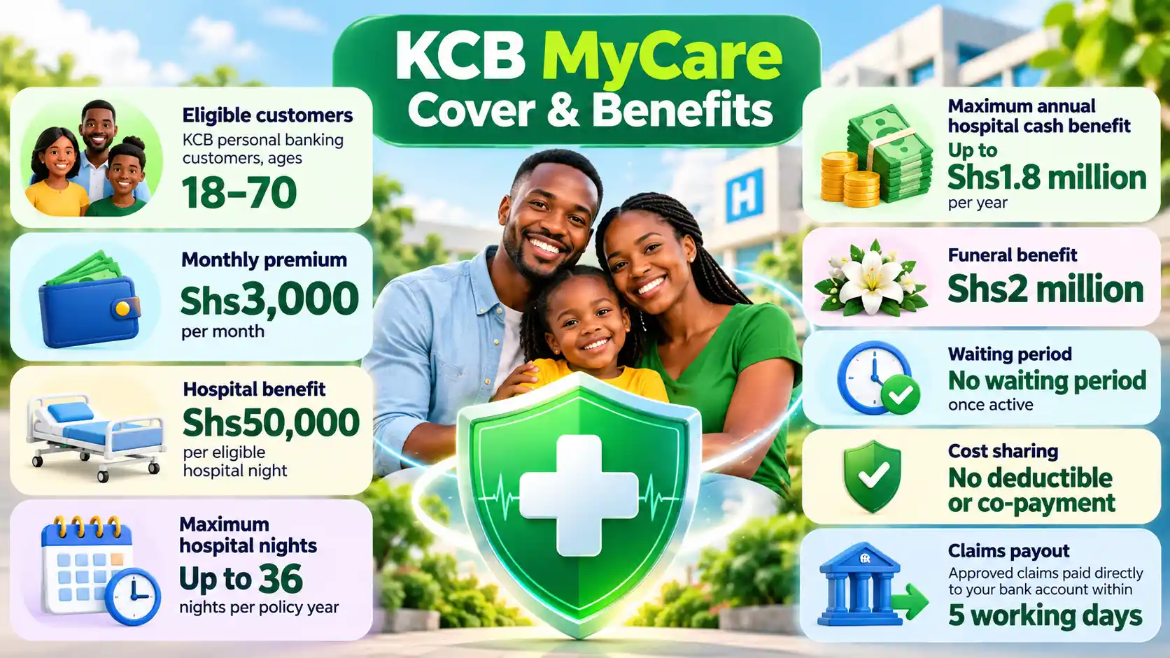 Infographic showing KCB MyCare benefits, including a Shs3,000 monthly premium, Shs50,000 per eligible hospital night, up to Shs1.8 million annual hospital cash benefit, and a Shs2 million funeral benefit.