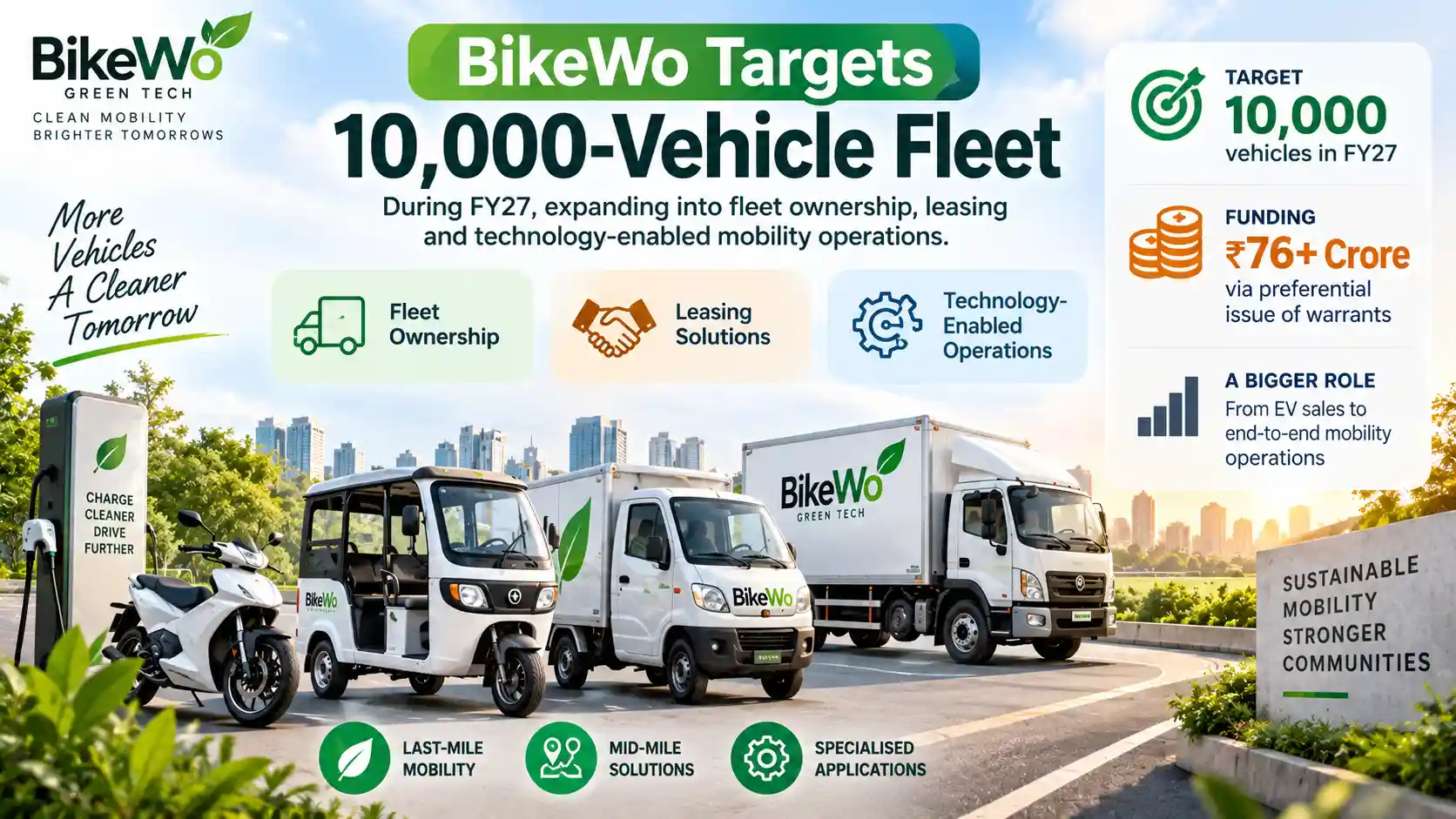 Infographic showing BikeWo targeting a 10,000-vehicle EV fleet in FY27 through fleet ownership, leasing, and technology-enabled mobility operations.