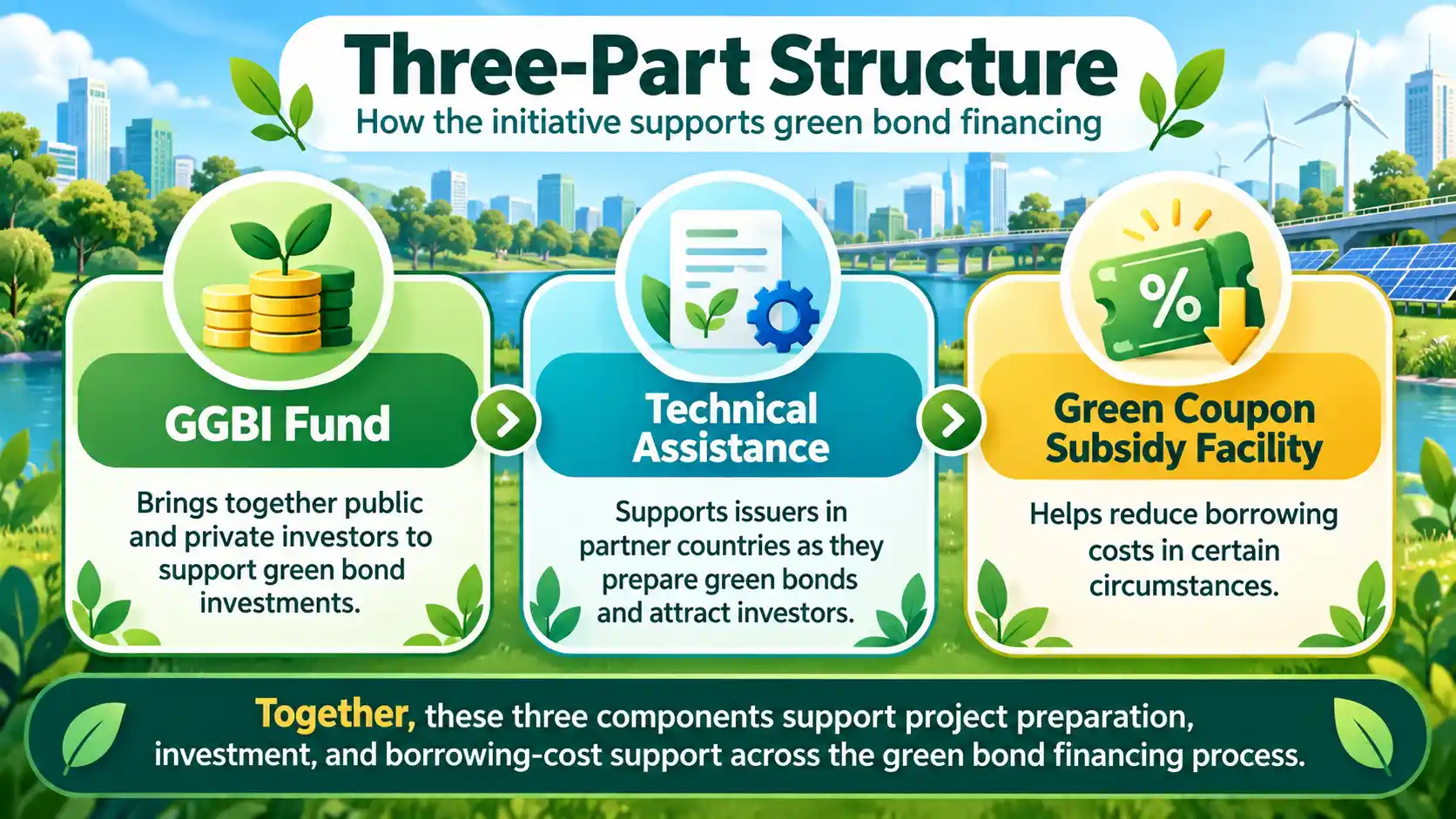 Infographic showing the Global Green Bond Initiative’s three-part structure—GGBI Fund, technical assistance and a green coupon subsidy facility—designed to mobilise green investment in emerging economies. 