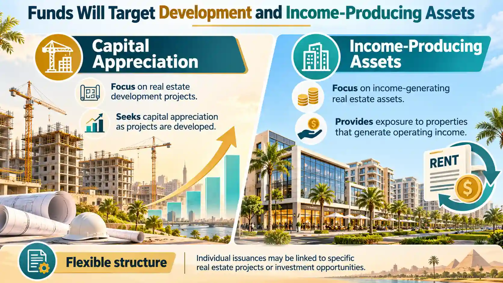 Infographic comparing two digital real estate fund strategies: capital appreciation through development projects and income-producing assets through rental properties.
