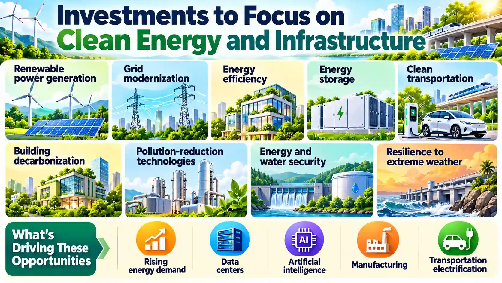 Infographic showing climate investment focus areas such as renewable power, grid modernization, energy storage, clean transport and resilient infrastructure. 
