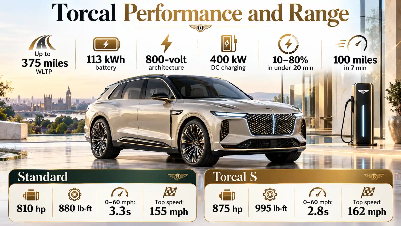 Infographic showing the Bentley Torcal’s electric performance, including up to 375 miles of range, a 113 kWh battery, 400 kW charging, and up to 875 hp in the Torcal S.