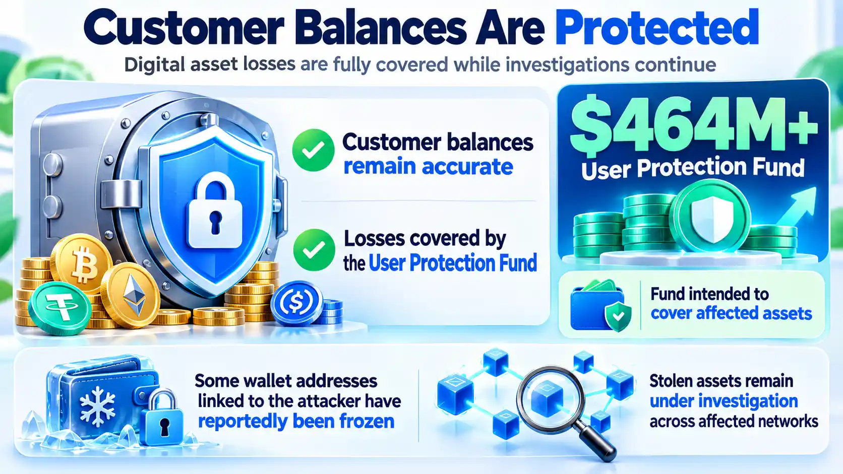 Infographic showing Bitget’s $464M+ User Protection Fund covering affected customer assets while investigations continue.