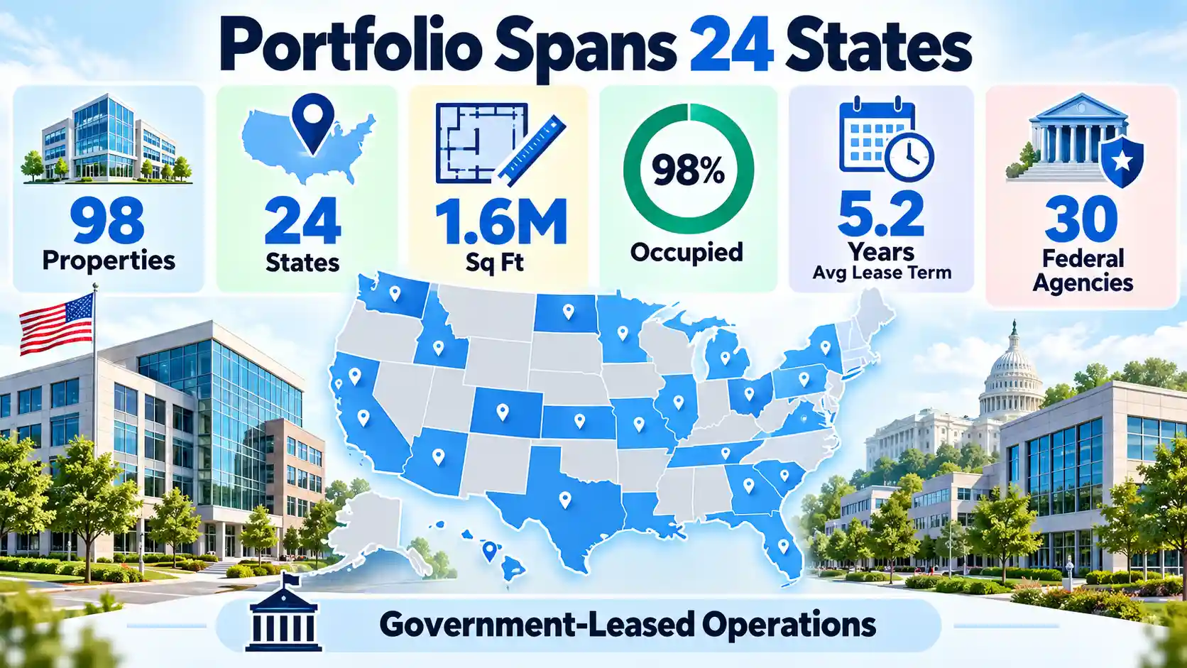 Infographic showing TEP’s government-leased portfolio across 24 U.S. states, comprising 98 properties, 1.6 million square feet, 98% occupancy and leases supporting 30 federal agencies.