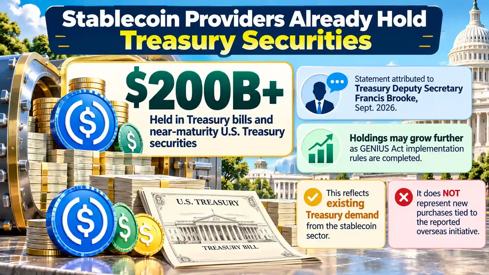 Infographic showing stablecoin providers holding nearly $200 billion in U.S. Treasury securities, with potential for further growth as stablecoin regulation develops.