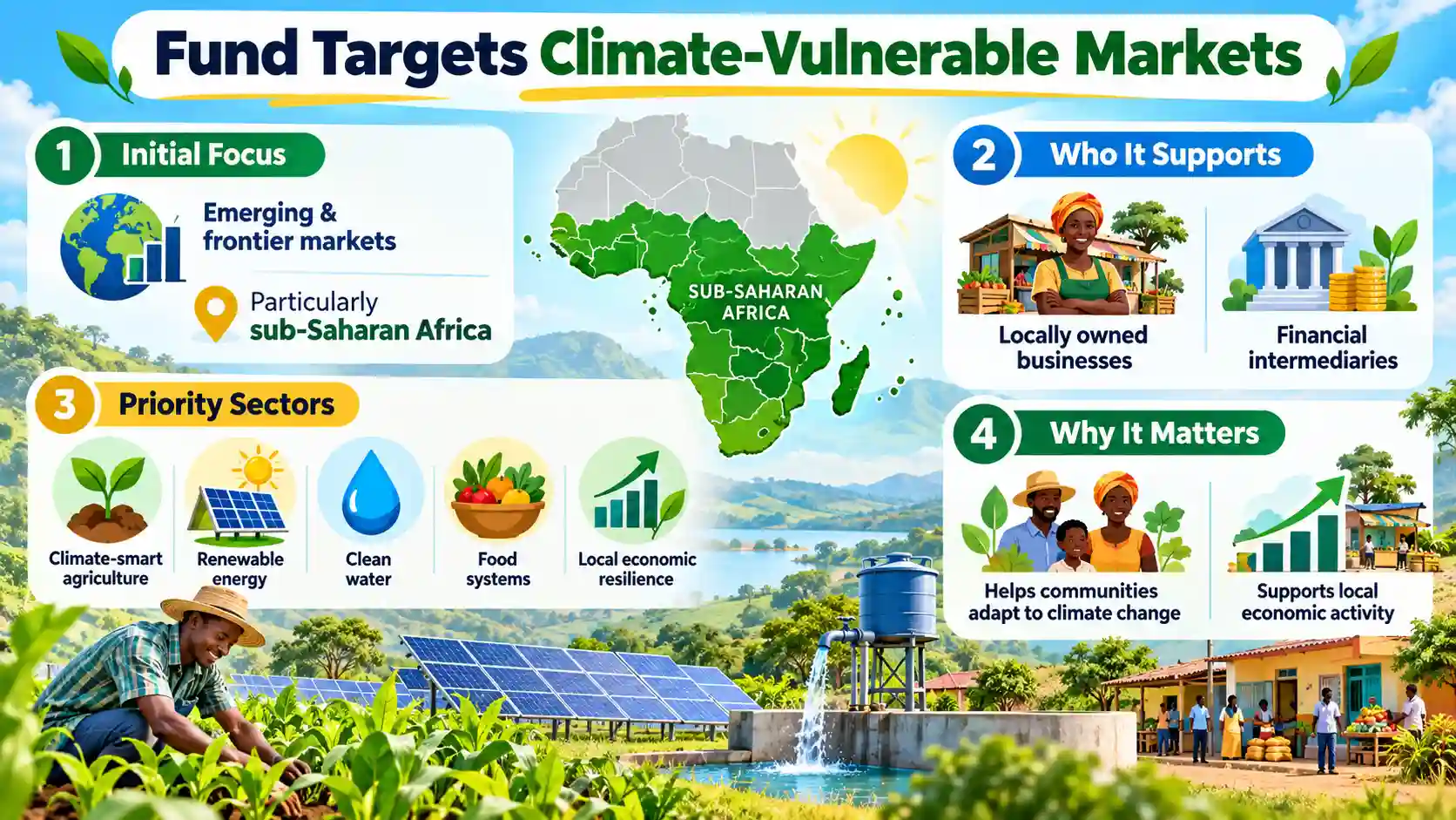 Infographic showing Christian Aid’s climate resilience fund supporting local businesses in sub-Saharan Africa across agriculture, renewable energy, clean water and food systems.
