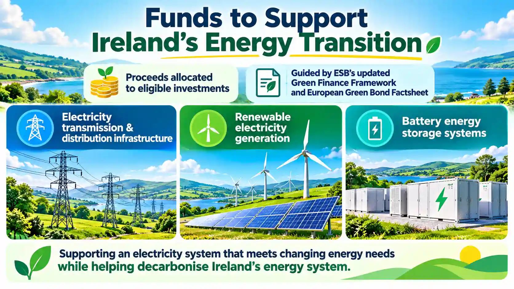 Infographic showing how ESB’s green bond proceeds will support Ireland’s energy transition through electricity grid infrastructure, renewable power generation and battery energy storage.