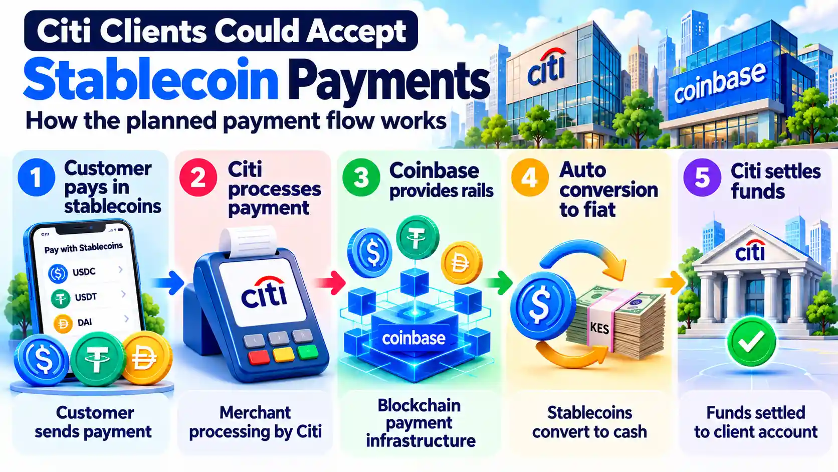 Infographic showing how Citi and Coinbase could enable stablecoin payments for institutional clients, from customer payment and merchant processing to blockchain rails, fiat conversion, and final settlement.