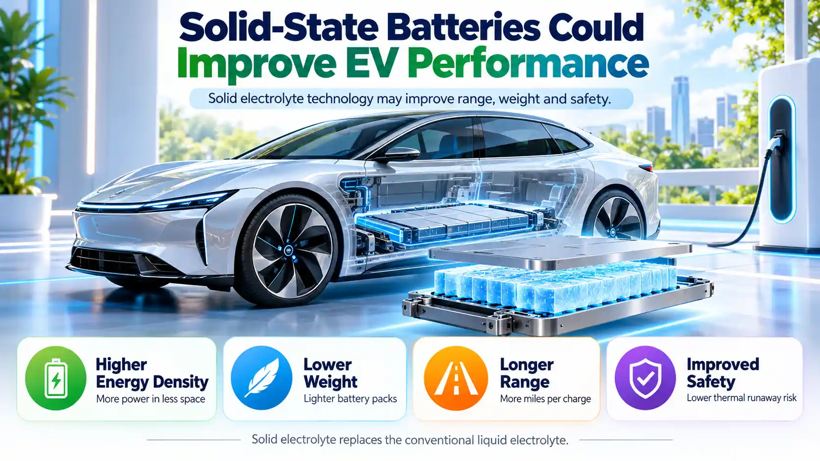 Infographic showing solid-state battery benefits for EVs, including higher energy density, lower weight, longer driving range and improved safety.