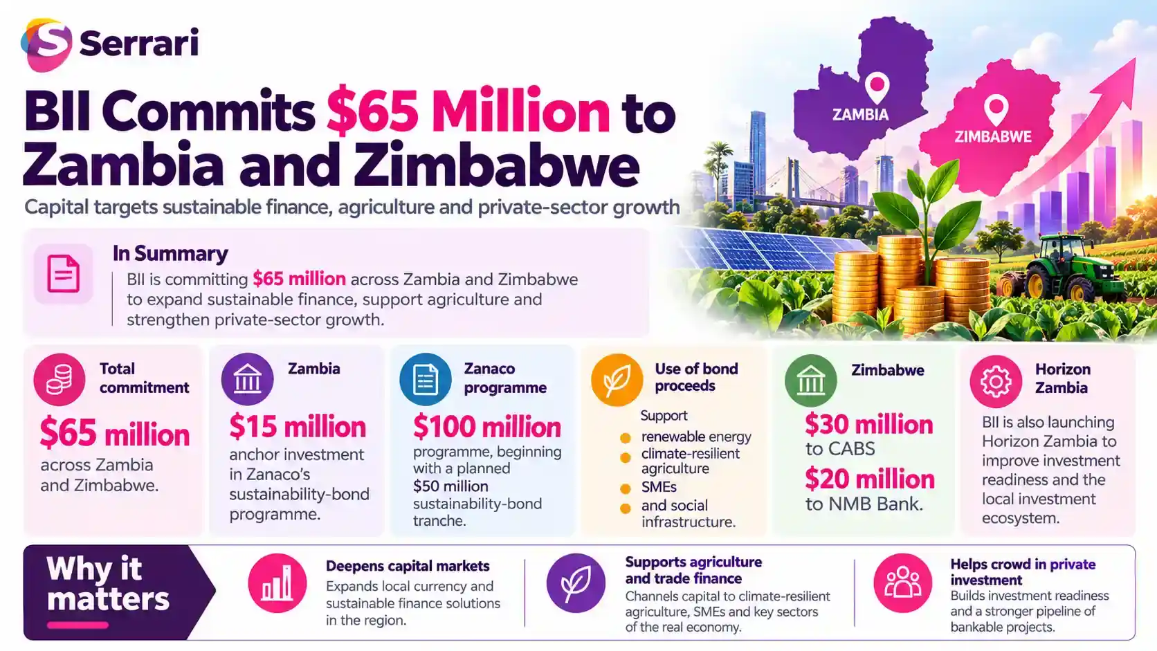 Infographic showing BII’s $65 million finance commitment to Zambia and Zimbabwe, highlighting development finance, private capital, business funding, and economic development