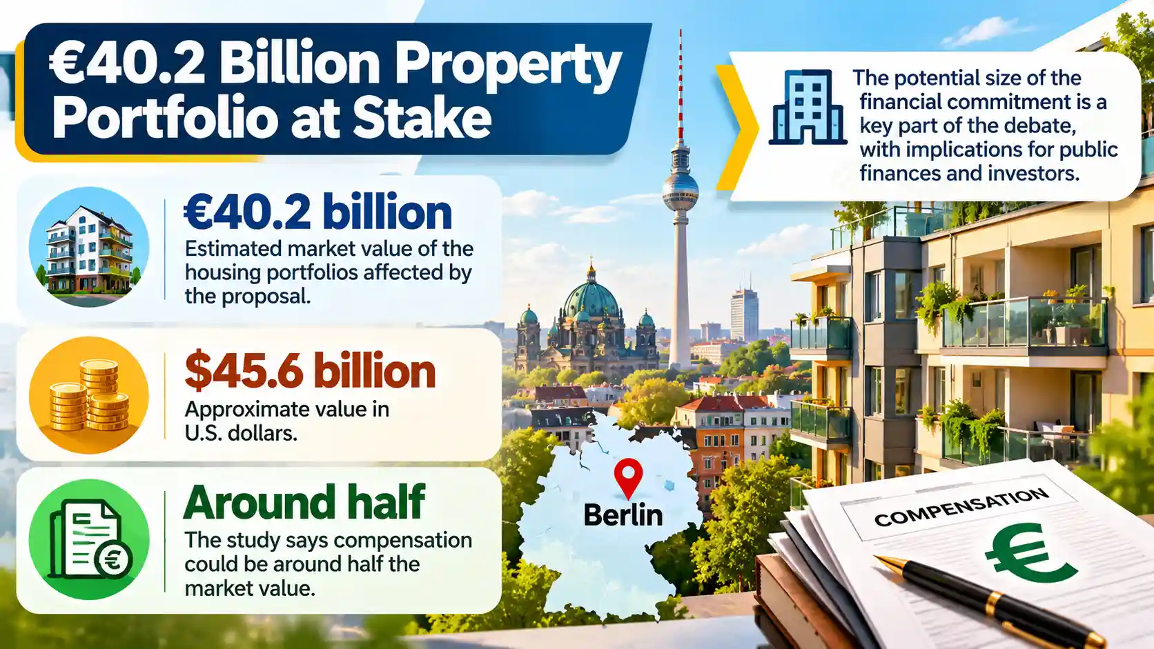 Infographic showing Berlin housing portfolios valued at €40.2 billion, with estimated compensation potentially around half that amount under the property seizure proposal.
