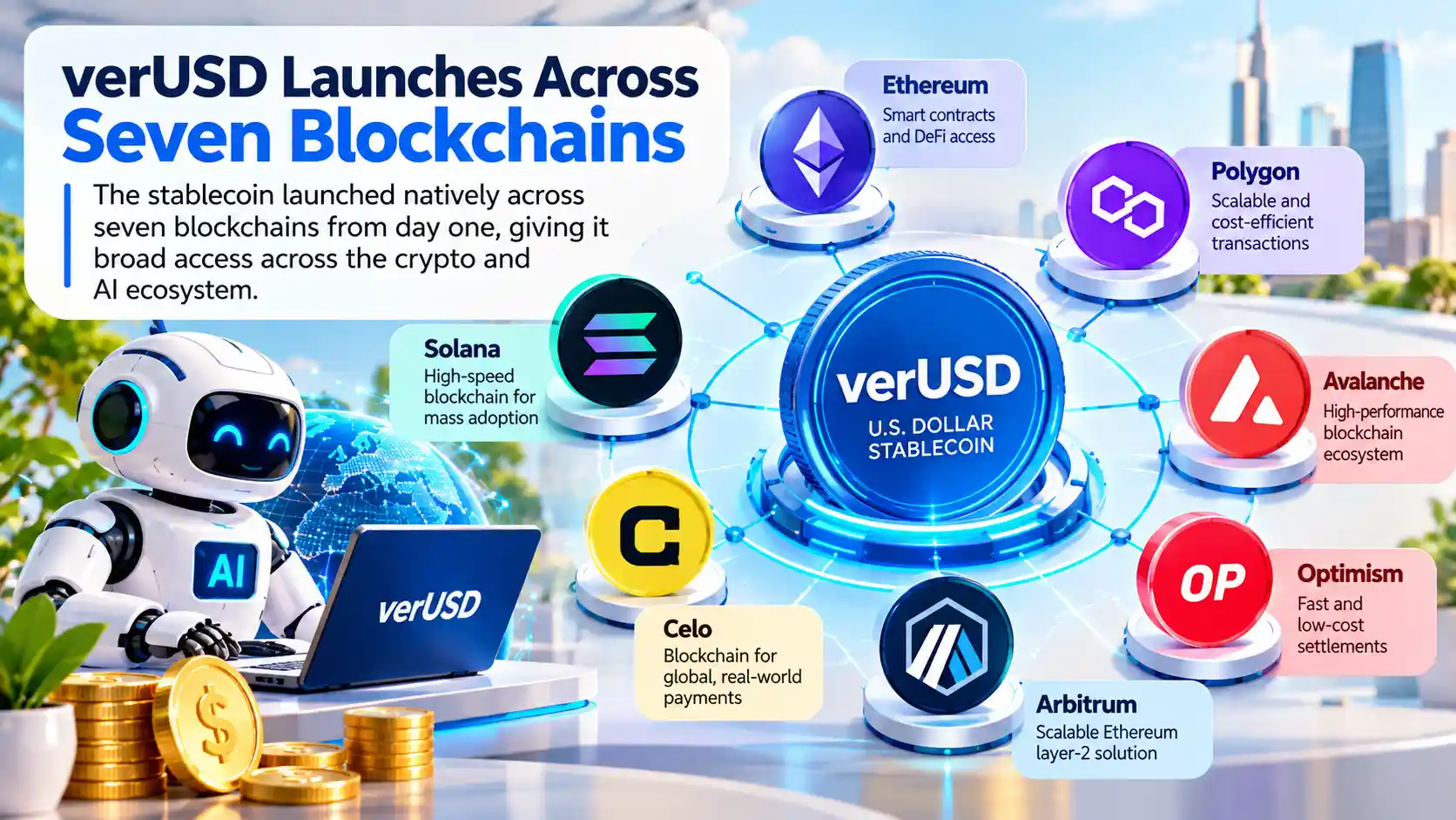 Infographic showing verUSD launching across seven blockchains—Ethereum, Polygon, Avalanche, Optimism, Arbitrum, Celo and Solana—for AI-agent payments and settlement. 