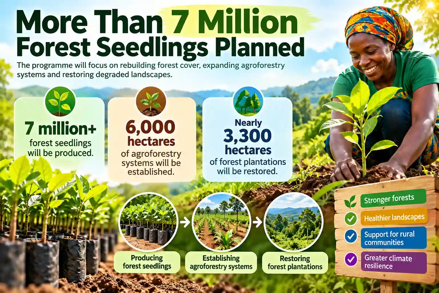 Infographic showing plans to produce more than 7 million forest seedlings, establish 6,000 hectares of agroforestry and restore nearly 3,300 hectares of forest plantations in Côte d’Ivoire. 