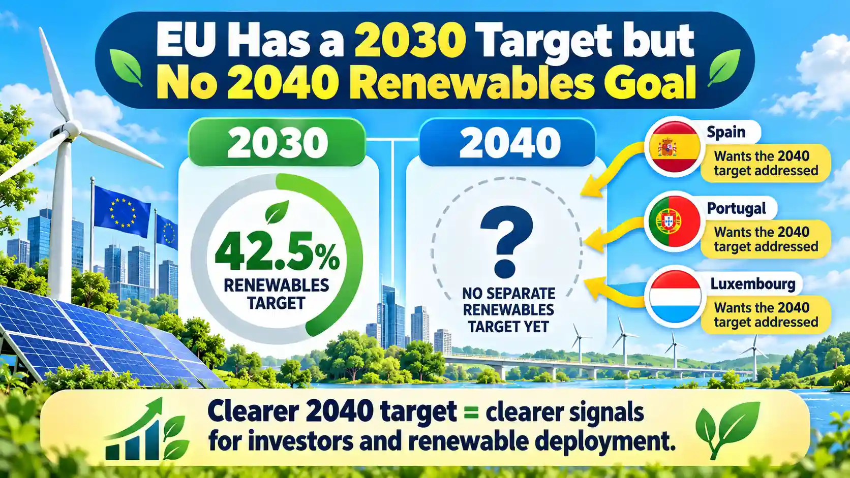 Infographic showing the EU’s 42.5% renewable energy target for 2030 and the absence of a separate 2040 renewables goal, with Spain, Portugal and Luxembourg calling for a clearer long-term target.