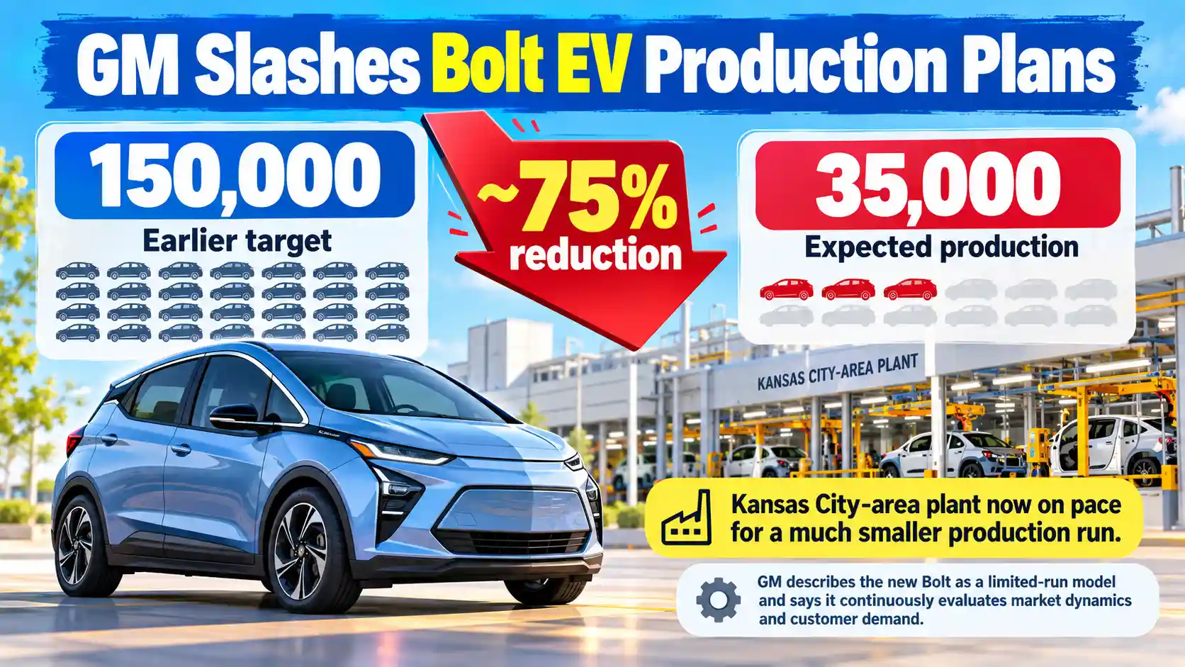 General Motors infographic showing planned 2027 Chevy Bolt EV production falling from 150,000 units to about 35,000, a reduction of roughly 75%.