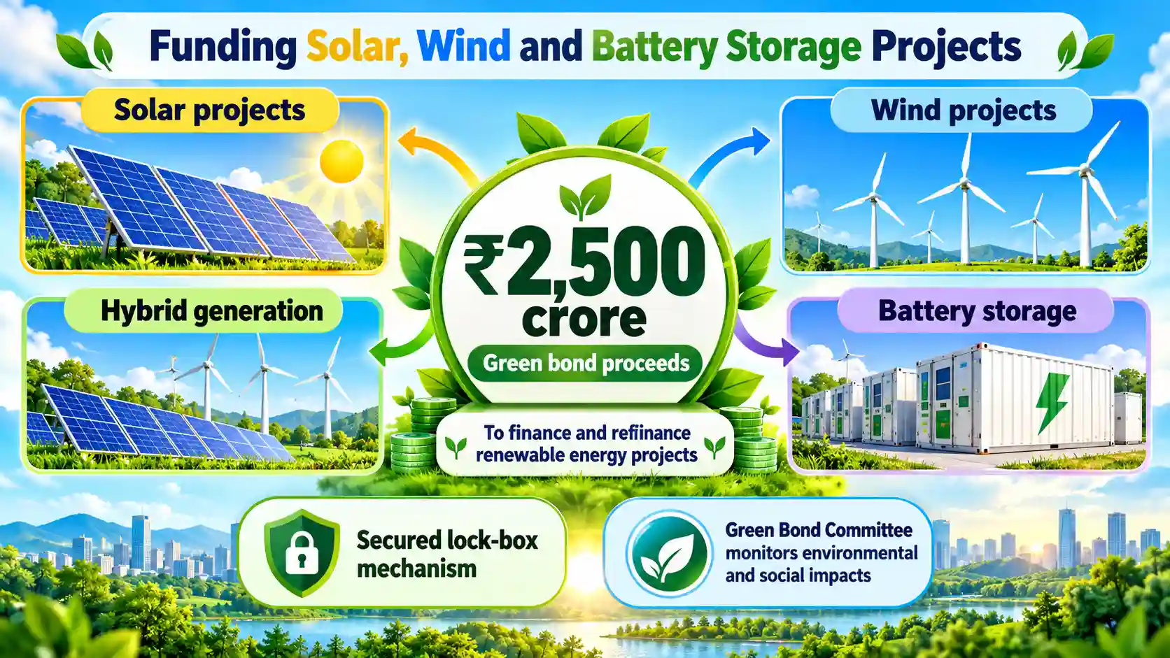 Infographic showing CleanMax’s ₹2,500 crore green bond proceeds funding solar, wind, hybrid generation and battery storage projects.