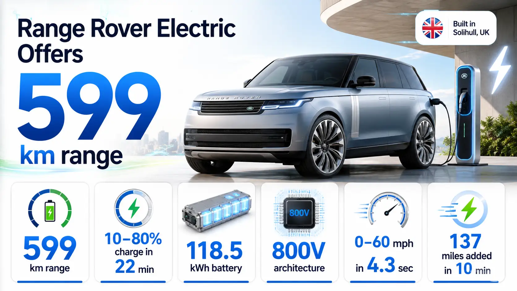 Infographic of the Range Rover Electric highlighting its 599km range, 22-minute 10% to 80% charging time, 118.5kWh battery and luxury electric SUV design.