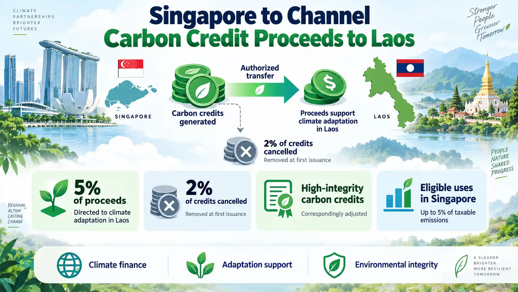 Infographic showing the Singapore–Laos carbon credit agreement under Article 6, including credit transfers, climate finance, and adaptation support.
