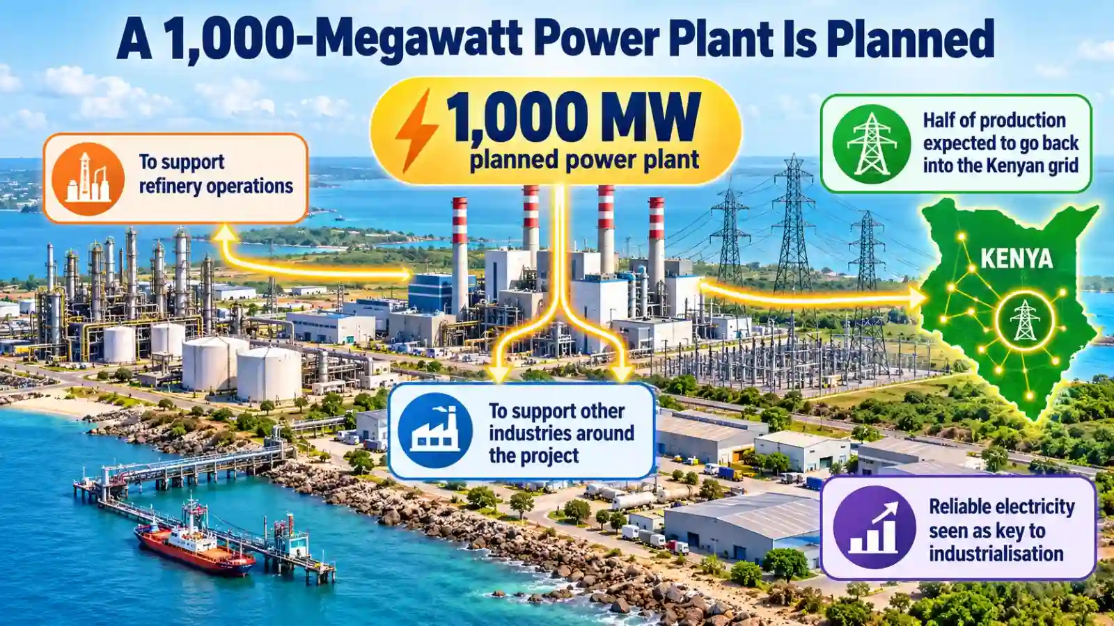 Infographic showing the planned 1,000-megawatt power plant supporting refinery operations, nearby industries and Kenya’s electricity grid.
