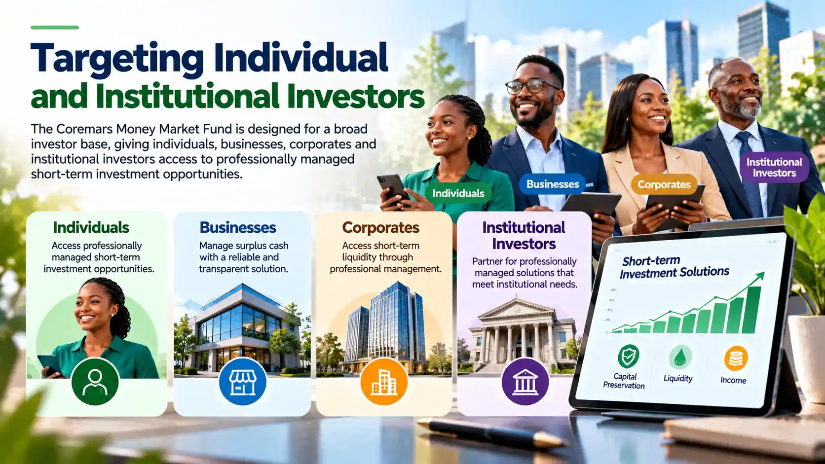 Coremars Money Market Fund targets individuals, businesses, corporates and institutional investors seeking professionally managed short-term investments. 