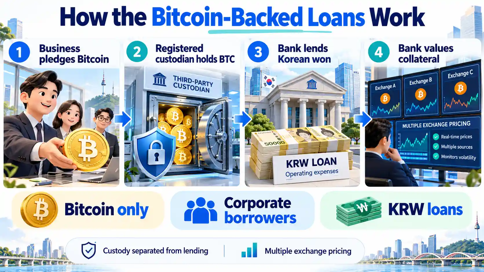 Infographic showing how Jeonbuk Bank’s Bitcoin-backed corporate loans work, with businesses pledging Bitcoin through registered custodians to borrow South Korean won for operating expenses.