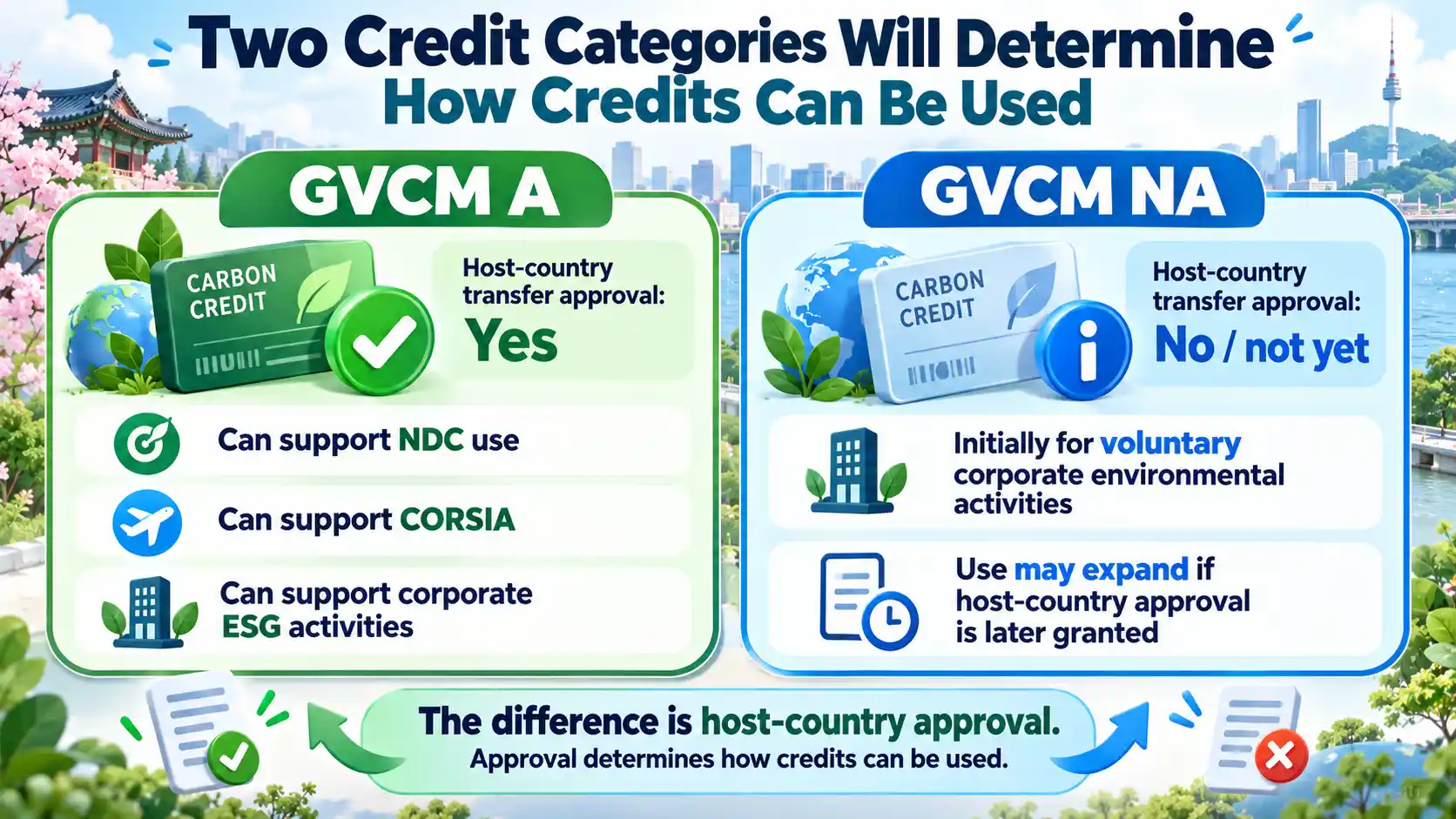 Infographic comparing GVCM A credits for approved compliance uses with GVCM NA credits initially limited to voluntary corporate environmental activities.