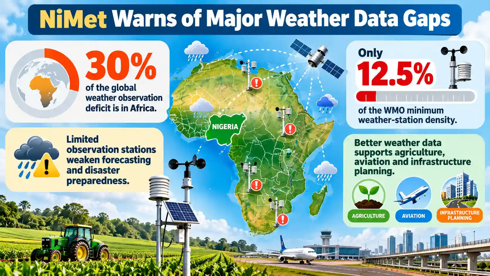 Infographic highlighting Africa’s weather-data gap, with 30% of the global observation deficit and only 12.5% of the WMO-recommended weather-station density.