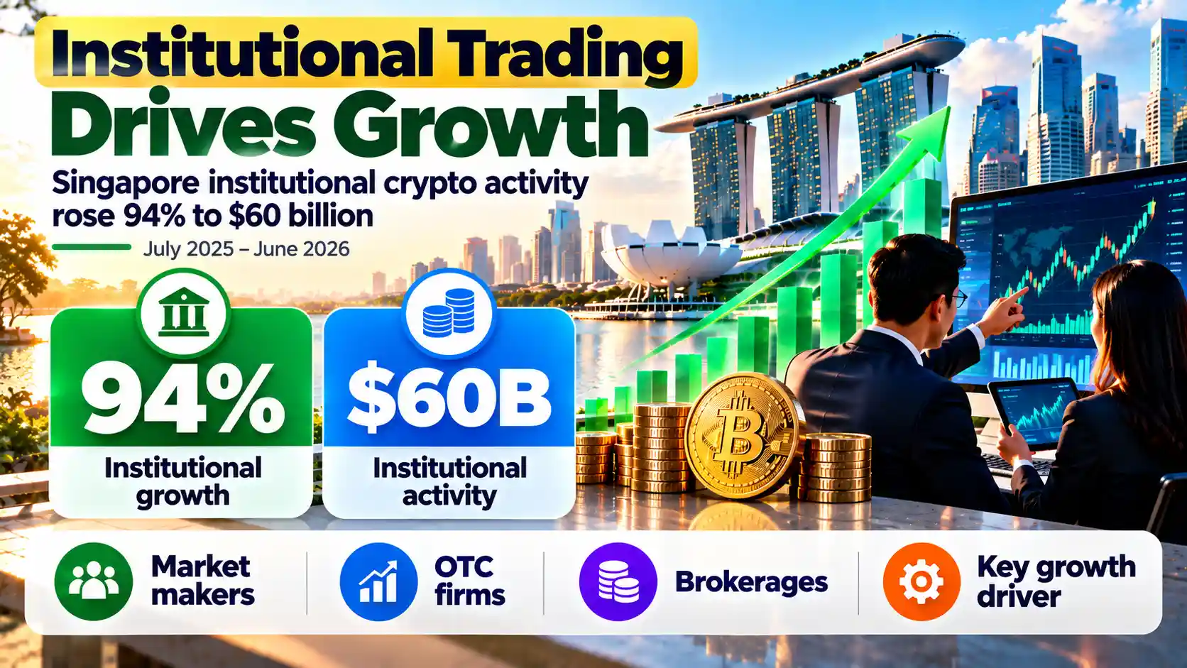Infographic showing Singapore’s institutional crypto activity rising 94% to $60 billion between July 2025 and June 2026, driven by market makers, OTC firms and institutional brokerages.
