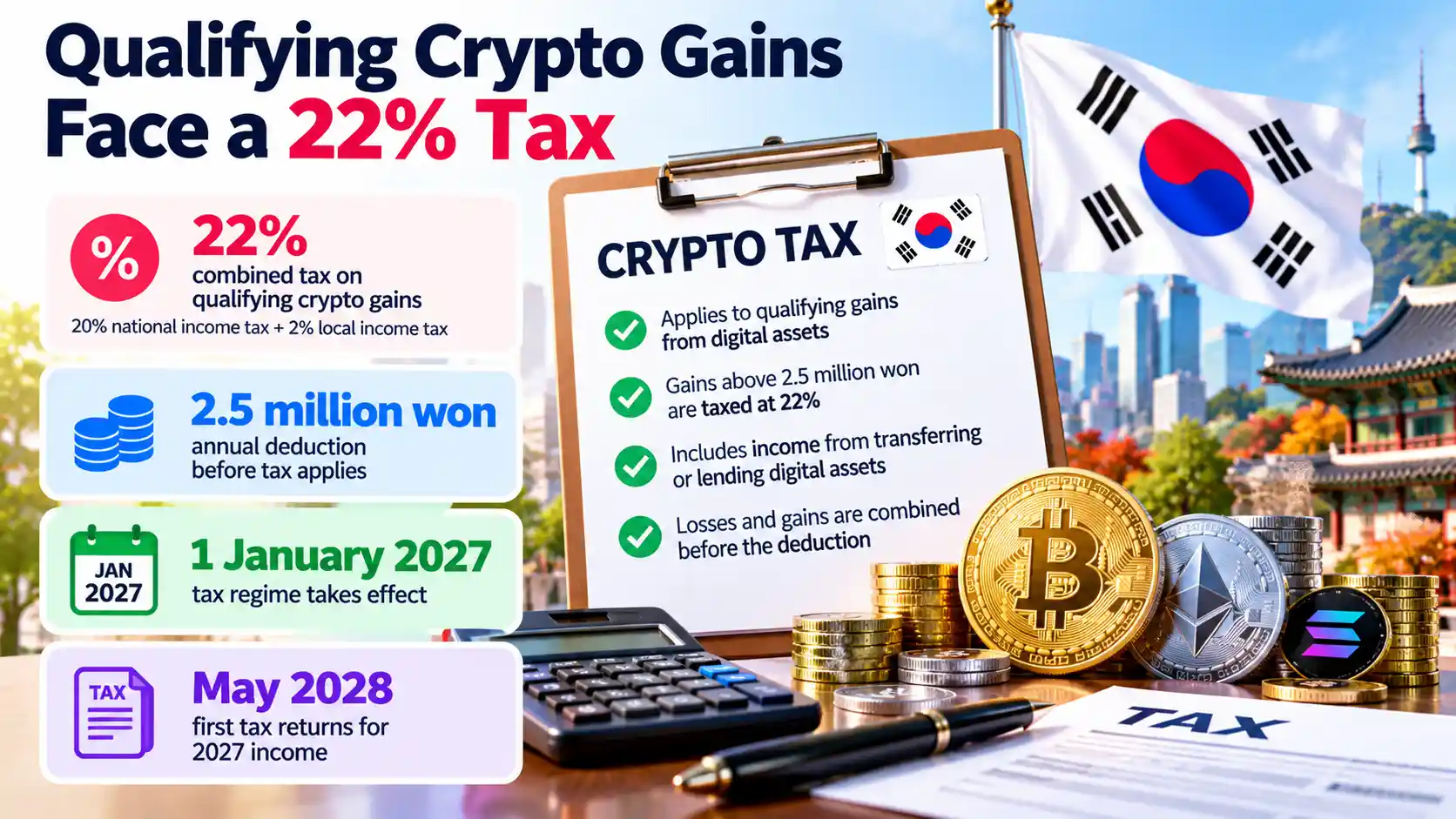 Infographic showing South Korea’s planned 22% tax on qualifying crypto gains above a 2.5 million won annual deduction, starting 1 January 2027.