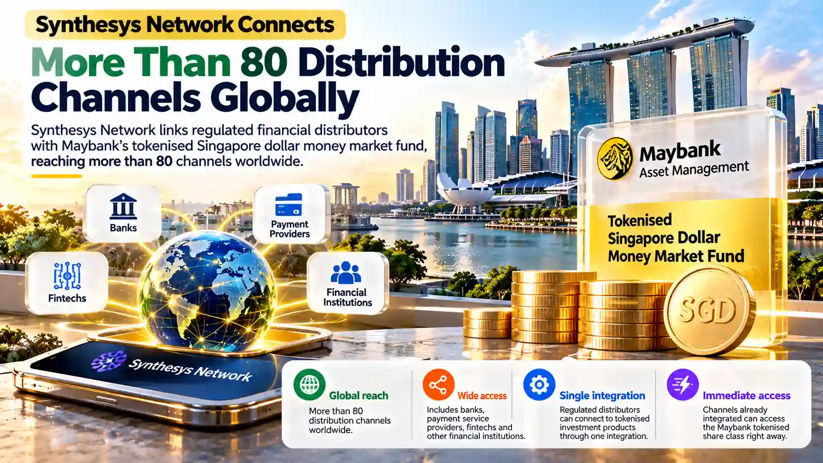 Infographic showing Maybank’s tokenised Singapore dollar money market fund expanding through Synthesys Network to more than 80 regulated distribution channels globally.