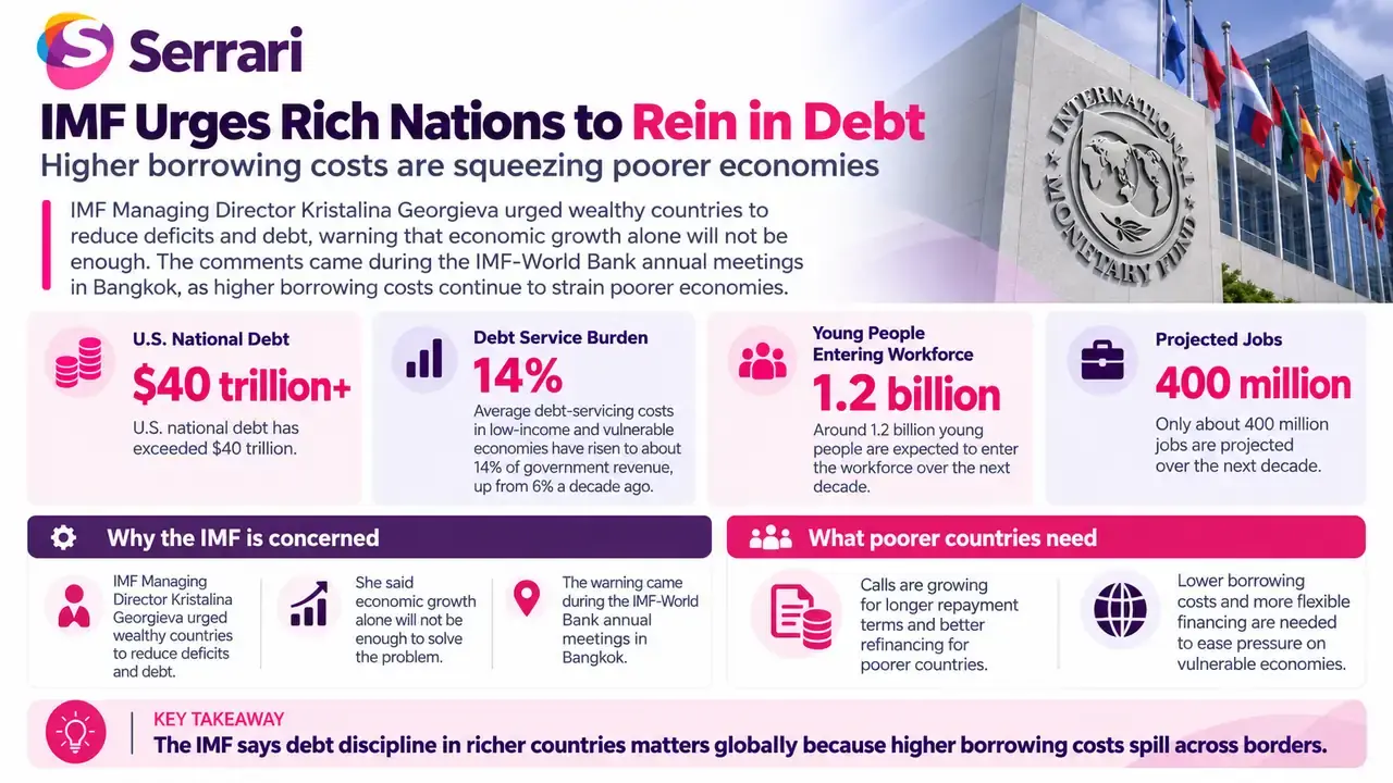Infographic showing the IMF’s call for wealthy nations to reduce debt as poorer countries face financial pressure, highlighting sovereign borrowing, debt sustainability, fiscal policy, and global finance