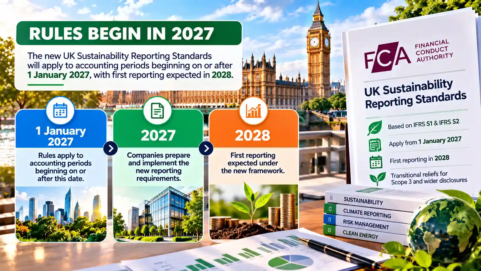 Infographic showing the UK’s new Sustainability Reporting Standards taking effect from 1 January 2027, with first reporting expected in 2028 and transitional reliefs for Scope 3 and wider disclosures.