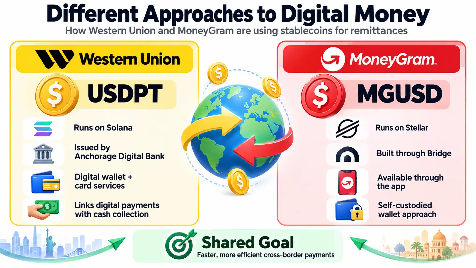 Infographic comparing Western Union’s USDPT on Solana with MoneyGram’s MGUSD on Stellar, showing their different stablecoin approaches for faster and more efficient cross-border remittances.