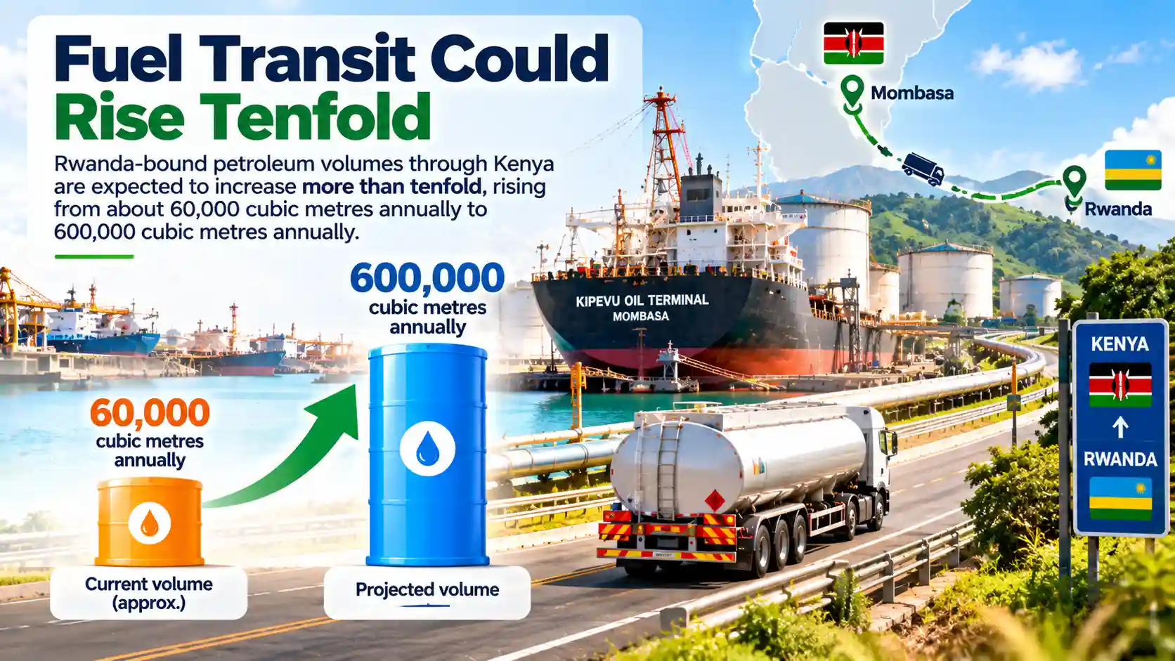 Infographic showing Rwanda-bound fuel transit through Kenya rising from about 60,000 to 600,000 cubic metres annually via Mombasa and the Northern Corridor.
